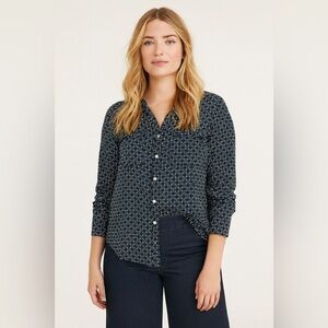 Croft & Barrow Blue White Printed Button Front Collared Office Casual Blouse XS